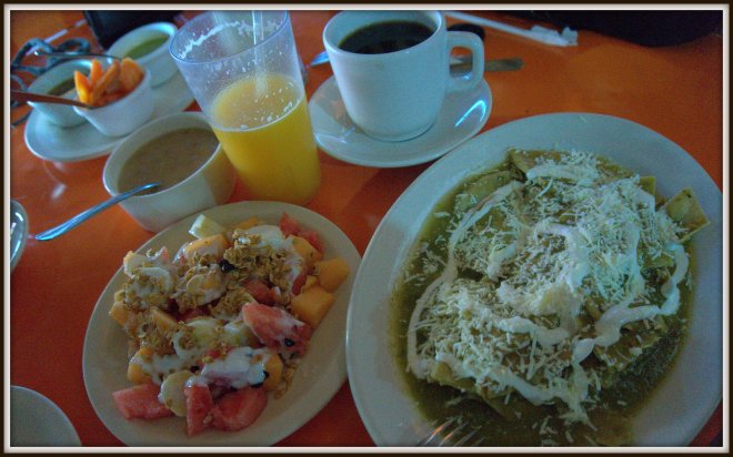 Whenever possible, if we are eating out for breakfast - this is it.  Chilaquilles solo, in other words no chicken or eggs, beans,  fruit with yogurt and granola, fresh squeezed orange juice and coffee.  Doesn't get much better than this!  p.s.  I have discovered that it isn't "beans" I dislike … it is kidney beans!